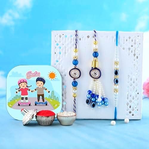 CraftVatika Magnet with Evil Eye Rakhi for Brother Bhabhi Kids, Rakhi Set of 3 for Bhaiya Bhabhi Kids, Rakhi for Men Women, Evil Eye Lumba, Rakhi with Magnet Gift, Fridge Magnet for Fridge Door Decor