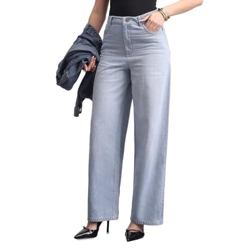 Urbano Fashion Women's Ice Blue High Rise Loose Baggy Fit Washed Jeans Non-Stretchable (womjeanbagwhsk-iceblue-34)