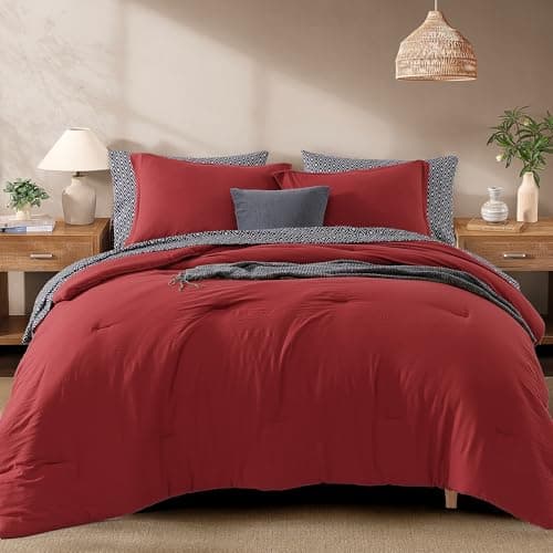 Monbix Queen Comforter Set - 7 Pieces Bright Red Prewashed Bed in a Bag Queen Bedding Sets with Comforters, All Seasons Ultra Soft Comforter Bed Set with Sheets, Pillowcases & Shams
