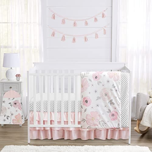 Sweet Jojo Designs 4-Piece Baby Crib Bedding Set (Pink/Grey Boho Floral) for Girls, Infants/Nursery incl. Blanket, Fitted Sheet, Skirt, Diaper Stacker (Watercolor, Elegant Rose, Polka Dot, Blush Gray)