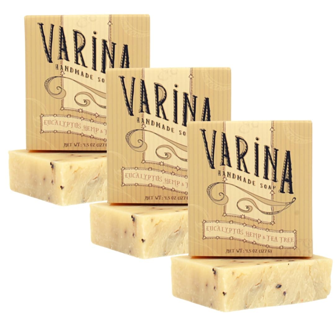 Varina Organic Eucalyptus Hemp Tea Tree Bar Soap Gentle Cleansing for Sensitive Skin Herbal and Mint 3 Pack