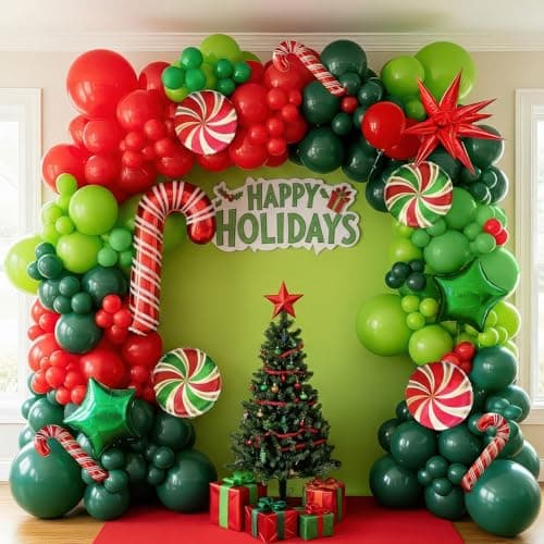 Christmas Party Decorations with Red Green Balloon garland arch Kit small Candy cane Star Lollipop foil balloons for Kids Naughty Cartoon Birthday friendsmas Xmas Party Decorations Red Green