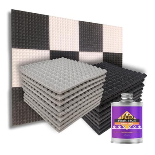 MMT Acoustix® 36Pc Pyramid Acoustic Foam, ProStudio Sound Setup, Soundproofing Noise Reduction Acoustic Panels | 1x1Ft 1” Thick, Charcoal + Stone white + SR Adhesive