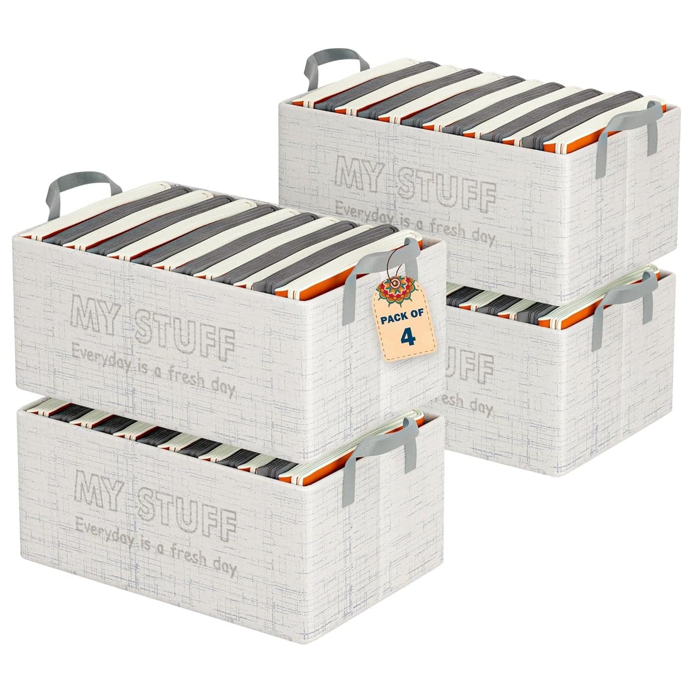 Urbane Home Pack of 4 Foldable NonWoven Storage Box for Clothes Dress Towel Organiser for Wardrobe Collapsible Container Basket Grey