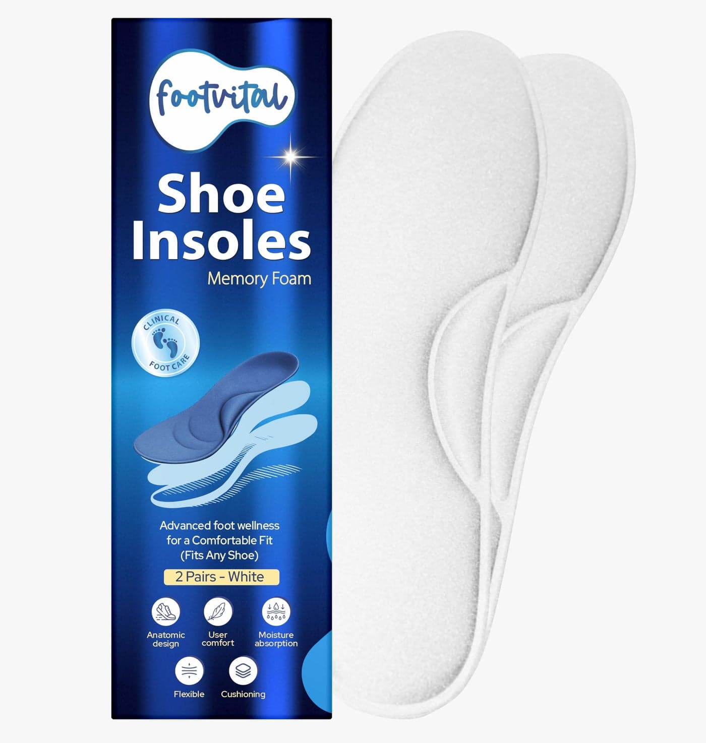 Footvital Memory Foam Shoe Insoles for Men and Women | Soft Cushioned Inserts for Long Standing and Walking | Supports Heel and Arch | Shock Absorbing | Moisture Absorbing | Lightweight Washable Insoles for All Shoes | 2 Pairs | White | Size 6