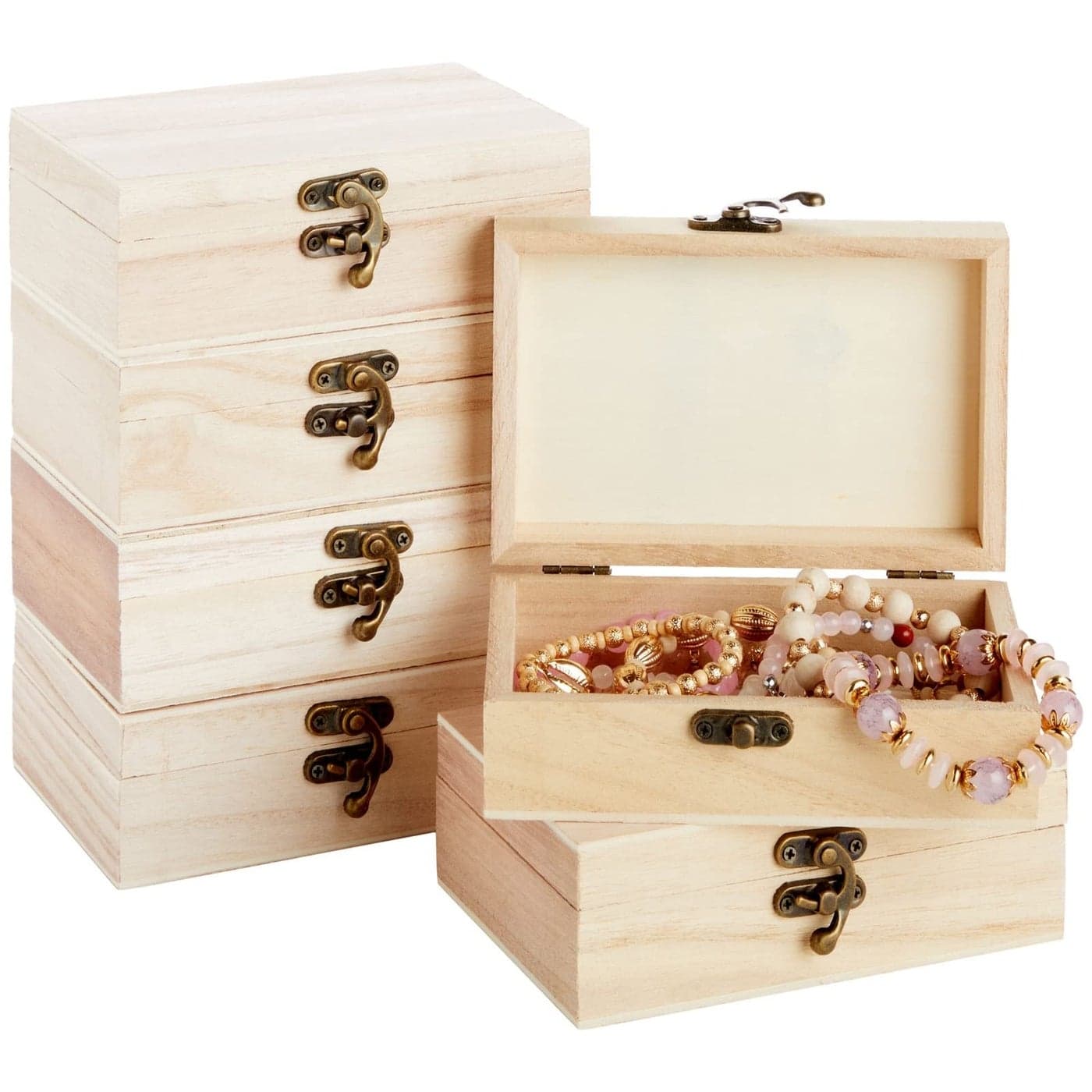 Juvale 6 Pack Unfinished Wooden Boxes for Crafts with Hinged Lids and Front Clasps, 6x4x2 in for Jewelry, Crafts, Storage