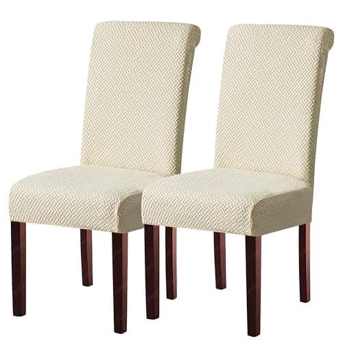 FunBlast Chair Covers - Universal Jacquard Chair Cover, Elastic Stretch Removable Washable Dining Chair Cover Protector Seat Slipcover, Short Dining Chair Cover (Beige, Pack of 2)