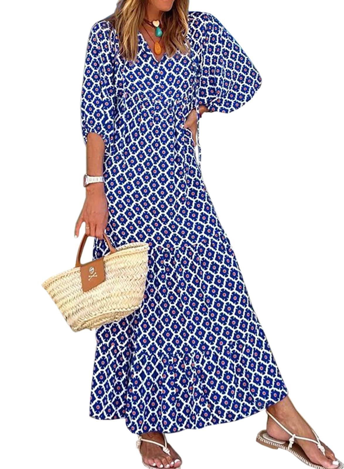 miduo Womens Dresses Fashion Loose Casual Summer V Neck Half Sleeve Pattern Bohemian Style Maxi Long Floor Dresses M