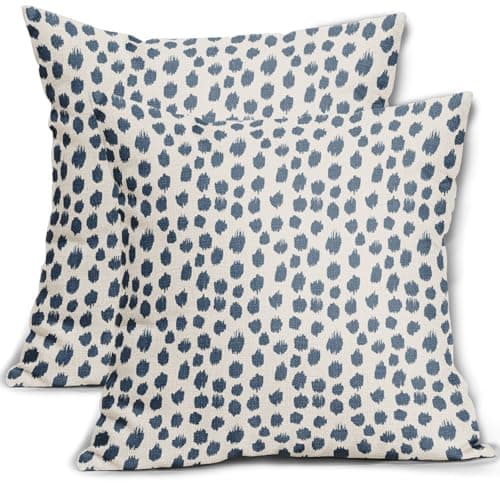 Dusty Blue Cream Pillow Covers 18x18 Set of 2 Boho Design Polka Dot Throw Pillows Modern Brush Strokes Print Decorative Outdoor Pillowcase Square Cushion Cover Linen Pillow Case for Sofa Couch Bed