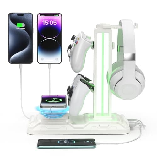 KDD RGB Headphone Controller Stand with Wireless Charging Rotatable Headset Stand with 9 Light Modes Controller Holder with 2 USB and Type C Ports for Gamers Desktop AccessoriesWhite