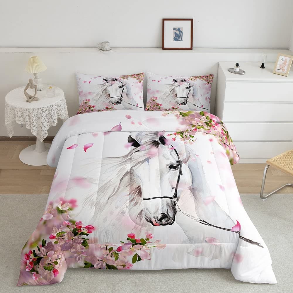 Girls Horse Comforter Set Queen Chic Cherry Blossom Bedding Set Boys Teens Galloping White Horse Duvet Insert 3D Wild Animal Horse Quilts Western Rustic Farmhouse Style Bedroom Decor 3 Pcs
