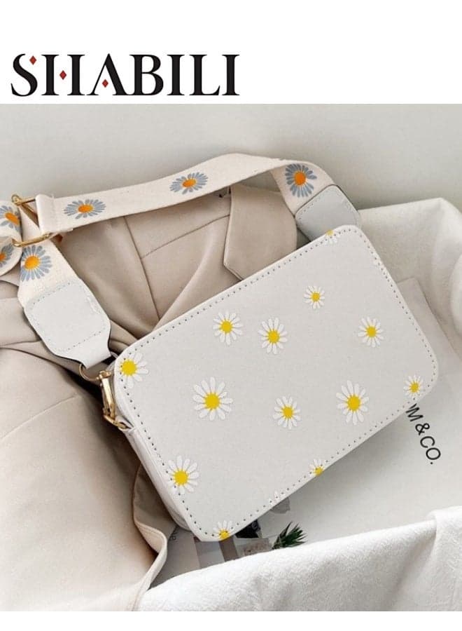 Girls' Sweet Shoulder Bag, Student's Chrysanthemum Pattern Crossbody Bag Sling Bag Side Bag Carry Bag, Daily Commuter Mobile Phone Bag Small Bag Card Holder Passport Bag Wallet for Women/Ladies