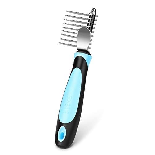 Flexzion Dogs Dematting Comb, Stainless Steel Blades Rakes, for Pets Cats Animals Matted Knotted Hair, Brush Cutting Removing Grooming Tool with Smooth Teeth Needle - Black & Blue Handle