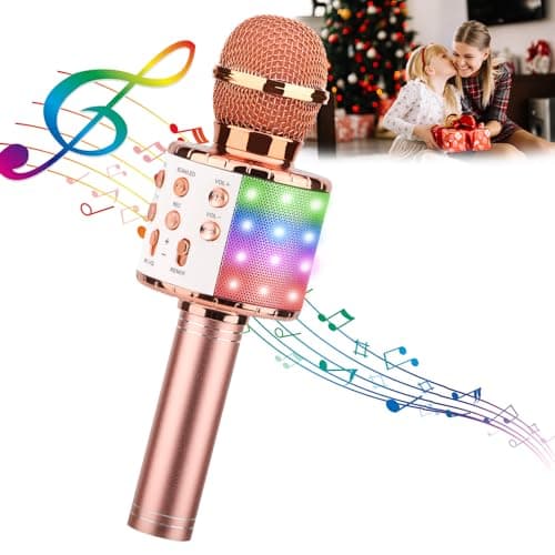 ShinePick Karaoke Microphone 4 in 1 Wireless Microphone with LED Lights Handheld Portable Karaoke Machine Home KTV Player Compatible with Android iOS DevicesPink
