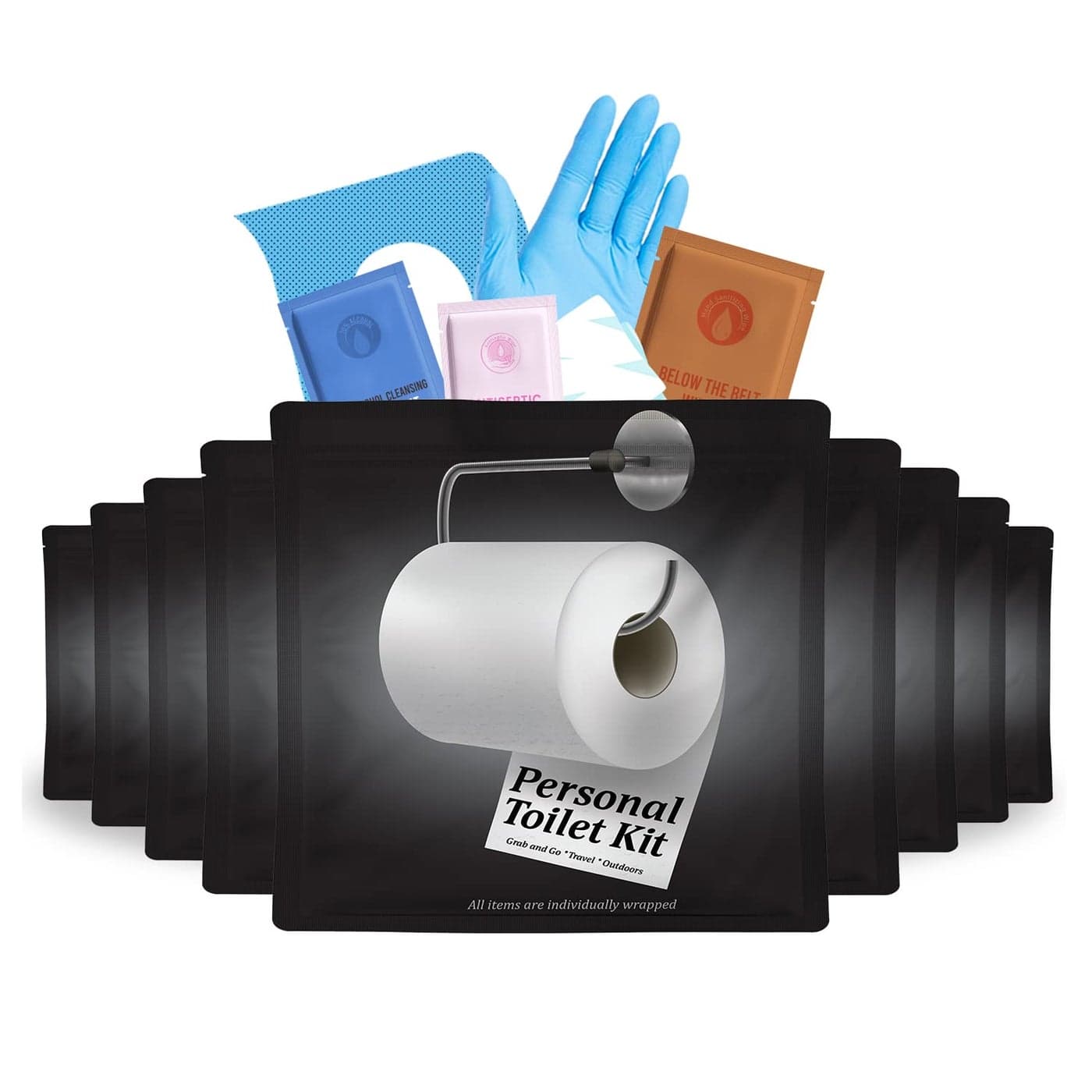 Personal Toilet Kit To Go 10 Pack Disposable Public Restroom Kit Individually Wrapped for Toilet Protection Kit Toilet Paper Toilet Seat Cover Butt Wipes Cleansing Wipes Black Toilet