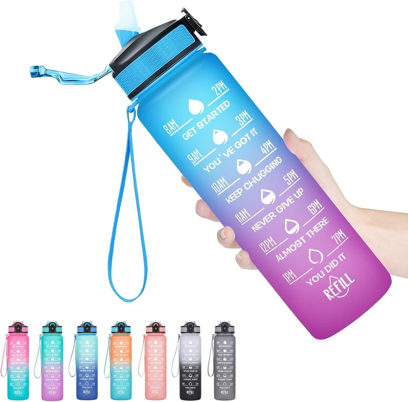 TEKCOOL Plastic 1L Capacity Belt Straw Transparent Motivational Water Bottles,Leakproof Durable Non-Toxic Sipper,Best Usage for School/College/Office/Travel Bottle,BPA-Free Fitness Sports Bottle