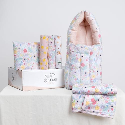 Haus and Kinder New Born Baby Essentials Gift Box- Pack of 6 | Muslin Swaddle for Baby | Reversible Blankets | Fitted Crib Sheet | Baby Sleeping Bag for 0-12 Months | Baby Shower Gifts (Ditsy Floral)
