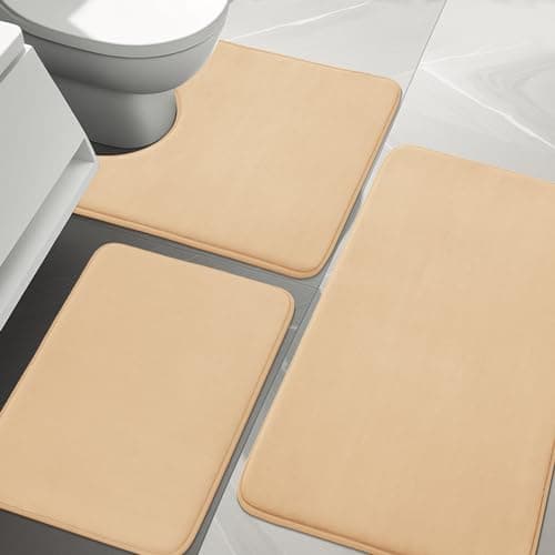 YIHOUSE Bathroom Rug Sets 3 Piece Memory Foam Bath Mat Non Slip Super Absorbent Soft Bathroom Mats Machine Washable Bathroom Floor Mats Sets for SinkTub Shower and ToiletBeige