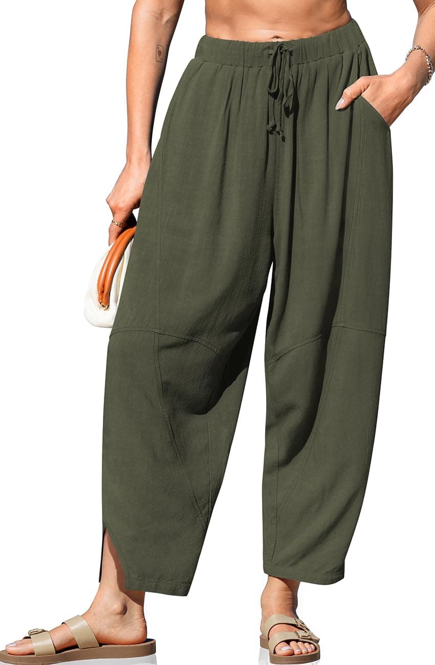 TARSE Women's Linen Harem Pants Casual Loose Fit Wide Leg Cropped Lightweight Drawstring Elastic Waist Pants with Pockets(Green,XL)
