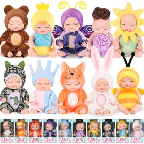 Hanaive 10 Pcs 4 Inch Mini Baby Dolls Lifelike Realistic Tiny Baby Dolls with Animal Clothes Cute Infant Figurine Gifts Set for Toddlers Girls Kids 3+ Graduation Birthday Christmas(Cute Style)