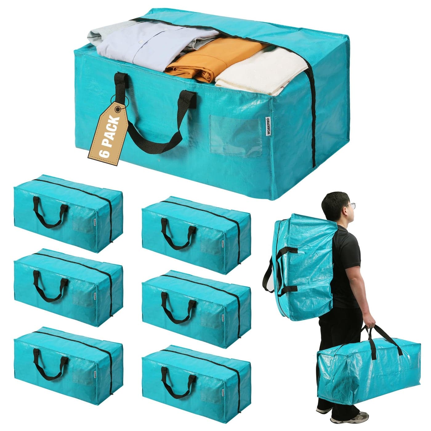 WORKPRO 6 Pack Extra Large Moving Bags with Zippers Carrying Handles Backpack Straps HeavyDuty Storage Tote for Space Saving Storage Alternative to Moving Box Blue