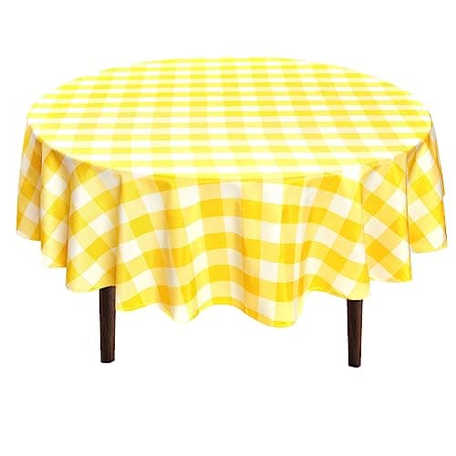 Hiasan Checkered Round Tablecloth 60 Inch Waterproof Wrinkle Resistant Washable Fabric Spring Table Cloth for Dining Room Party Outdoor Picnic Yellow and White