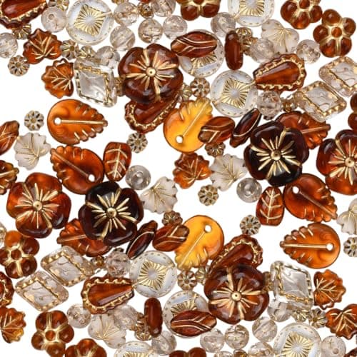 SUNNYCLUE 100Pcs 12 Styles Brown Acrylic Beads Assorted Shapes Beads Bulk Golden Metal Enlaced Round Flower Leaves Rhombus Loose Spacers for Jewelry Making Bracelets Necklaces DIY Crafts Supplies