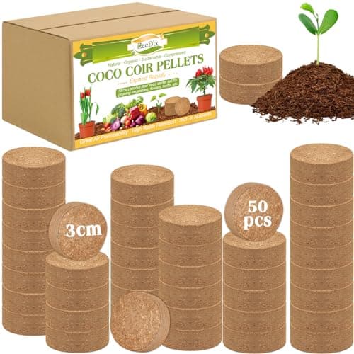 ZeeDix Coco Coir Potting Soil, 50pcs 30mm Compressed Coconut Fiber Seed Starter Soil Pellets, Coco Peat Soil Discs for Indoor Outdoor Plants, Herbs, Houseplants, Flowers, Succulents, Vegetables