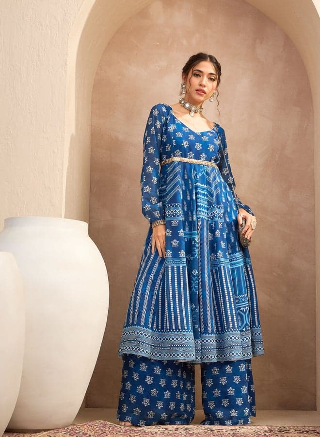 Floral Print Sweetheart Neck Anarkali Kurta with Palazzos Set