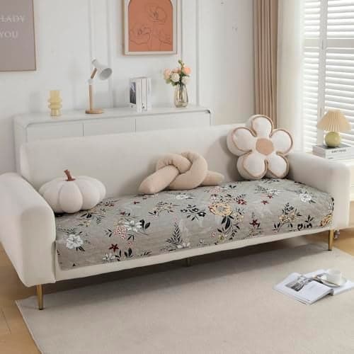 HOKIPO 'VivaCasa Series' Polyester Printed Quilted Sofa Cover Mats for 1/2/3 Seater Sofa and L Shape. Make Your Own Sofa Cover Set, Mat Length 90(D) X 90(L) Cm, Floral Ash Grey (In-790-D3)