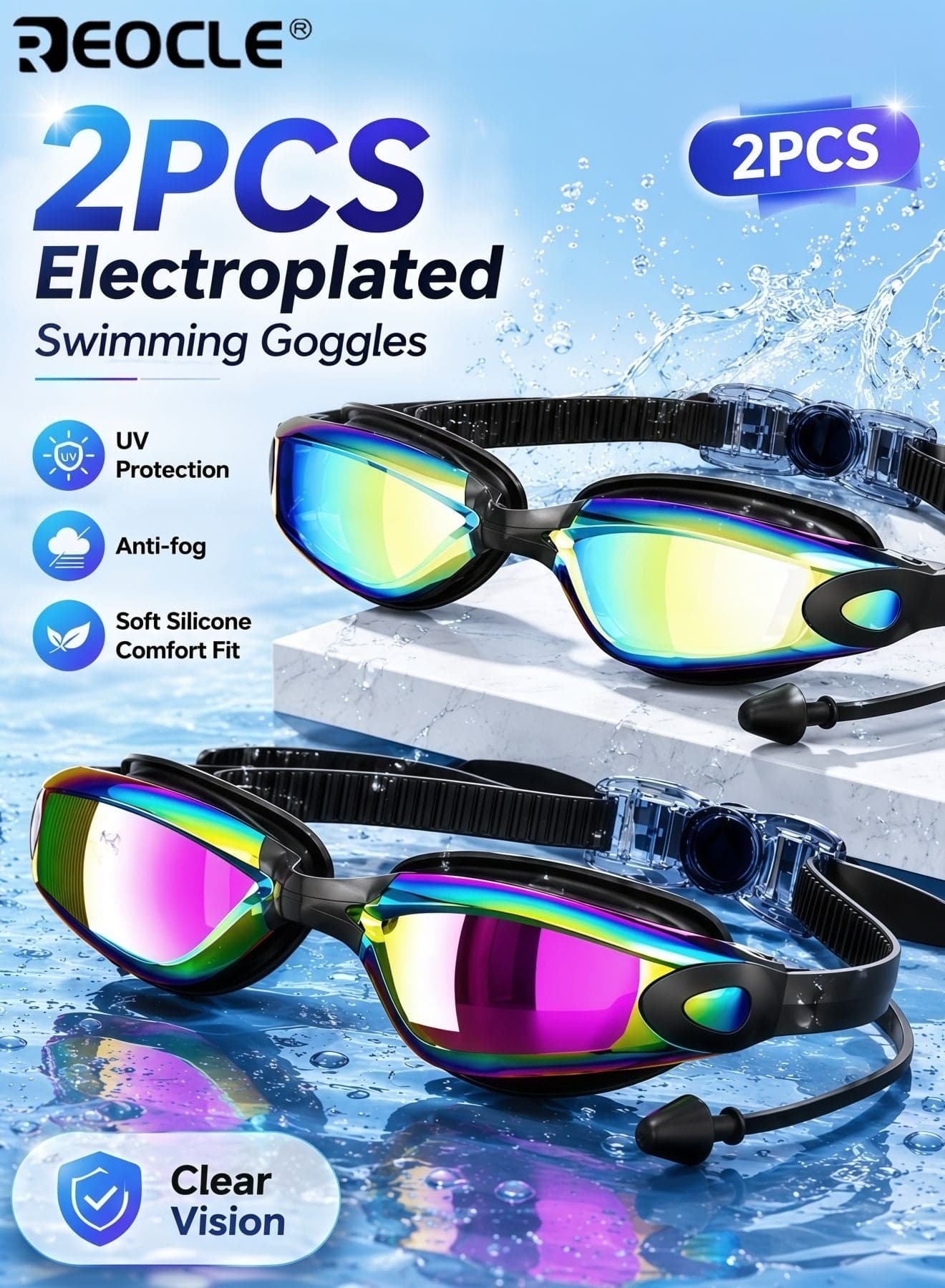 2PCS Swimming Goggles for Kids Adult Men Women Swim Goggles No Leaking Anti Fog UV Protection for Kids Over 3 Years Old Adult Swimming Pool Open Water Clear Vision Ideal for Swim Use