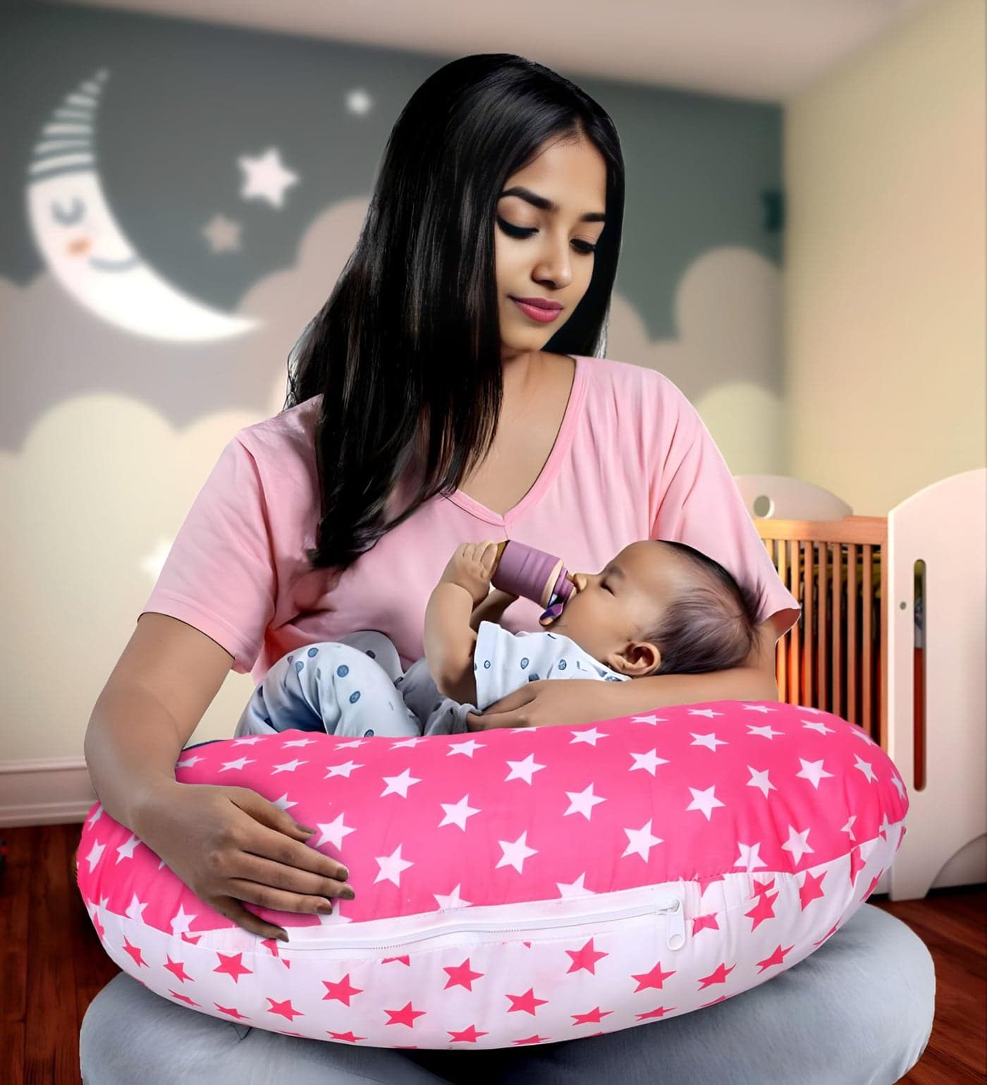 Infans Mini Baby Feeding Pillow Cotton|Maternity Feeding Pillow Portable & Adjustable|Nursing Pillow for Mother and New Born Baby (Star Pink)