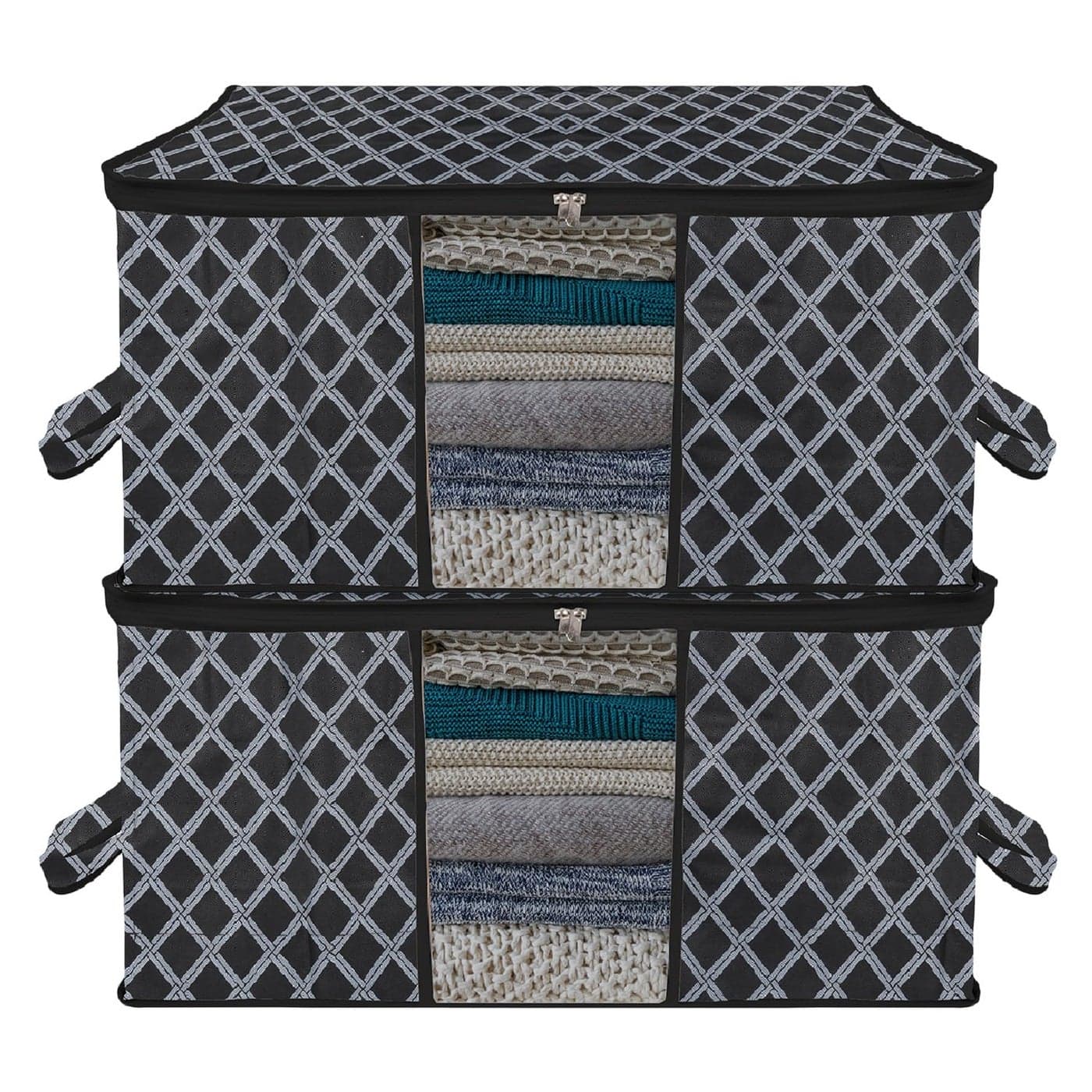 Kuber Industries Underbed Storage Bag Clothes Storage Organizer Blanket Cover with Clear Window Zipper Closure Handle Cloth Organizer CheckDesign Large Pack of 2 Black