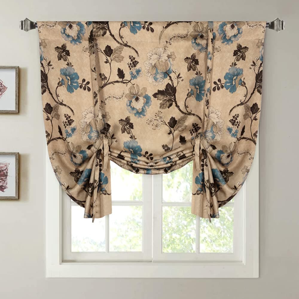HVERSAILTEX Blackout Tie Up Curtain for Windows 63 Inch Length Thermal Insulated Adjustable Kitchen Tie Up Balloon Rod Pocket Floral Printed Panel 42x63 Brown and Blue Pattern