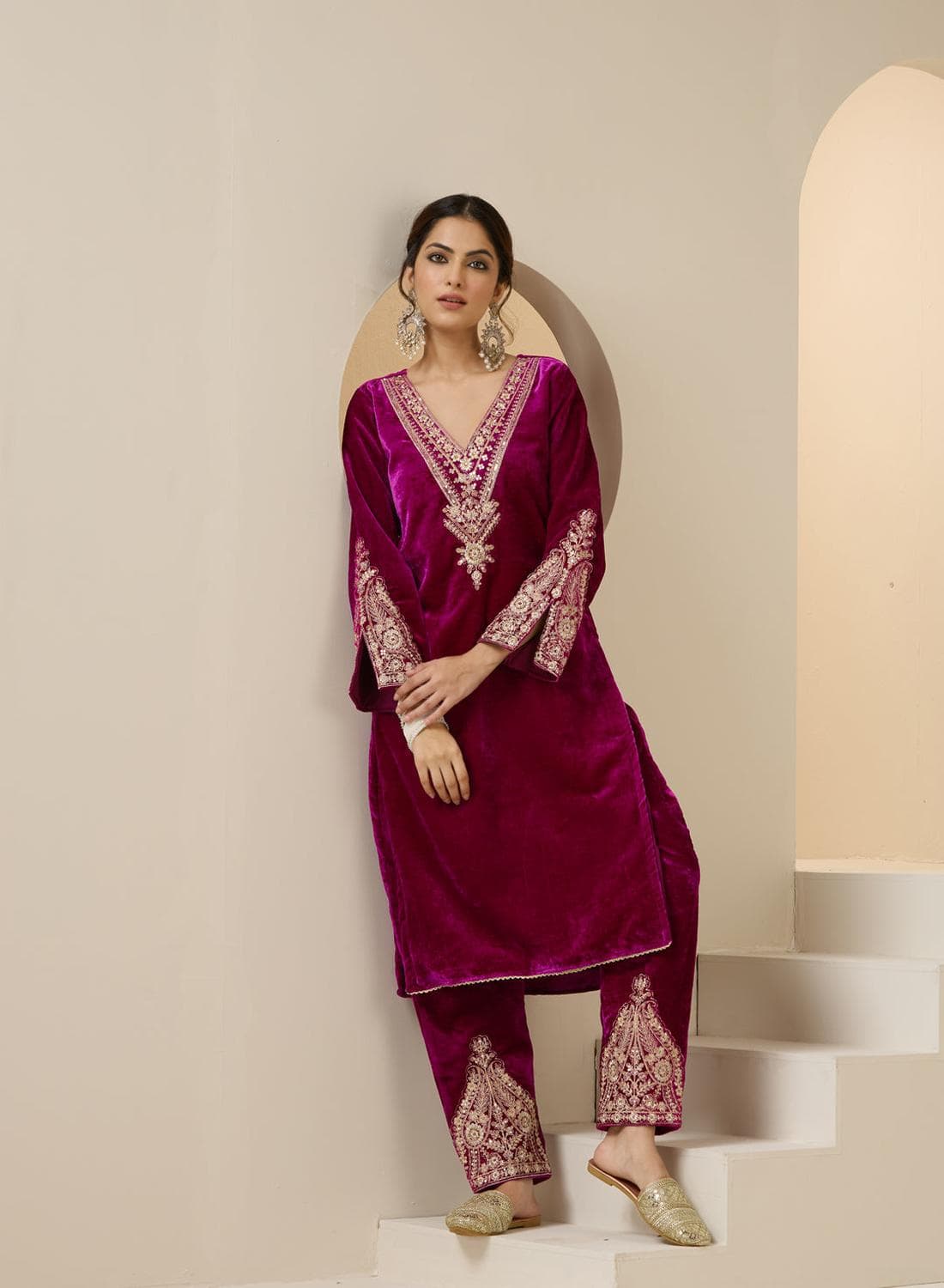 Women's Magenta Velvet Embroidered Tunic Full Length Palazzo Straight Fit Kurta Set