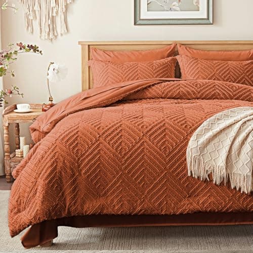 Zzlpp King Comforter Set 7 Pieces, Burnt Orange Tufted Bed in a Bag with Comforter, Pillow Shams, Pillowcases, Flat Sheet, Fitted Sheet