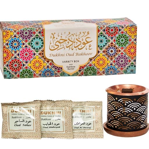 Dukhni Oud Bakhoor Incense Variety Box (20 Pieces) & Rainbow Exotic Bakhoor Burner - Diwali Gift for Employees. Perfect for Namaaz, Indoors, Meditation, Relaxation, Unwinding, Peace