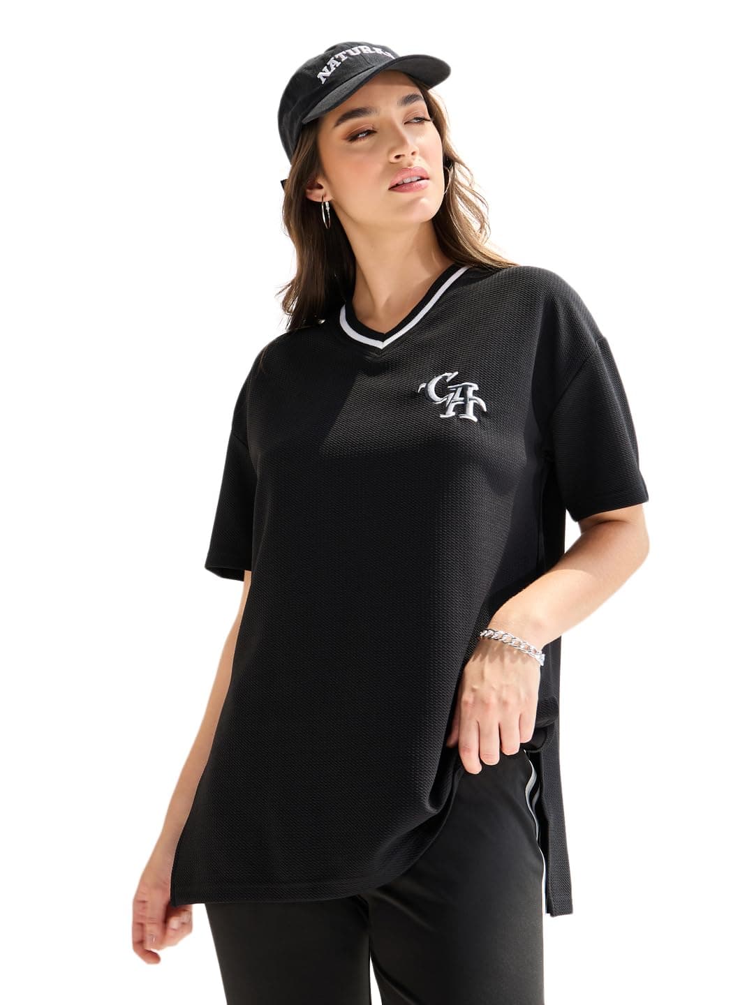Styli Women's Black Oversized Contrast Neck Rib Embroidered T-Shirt