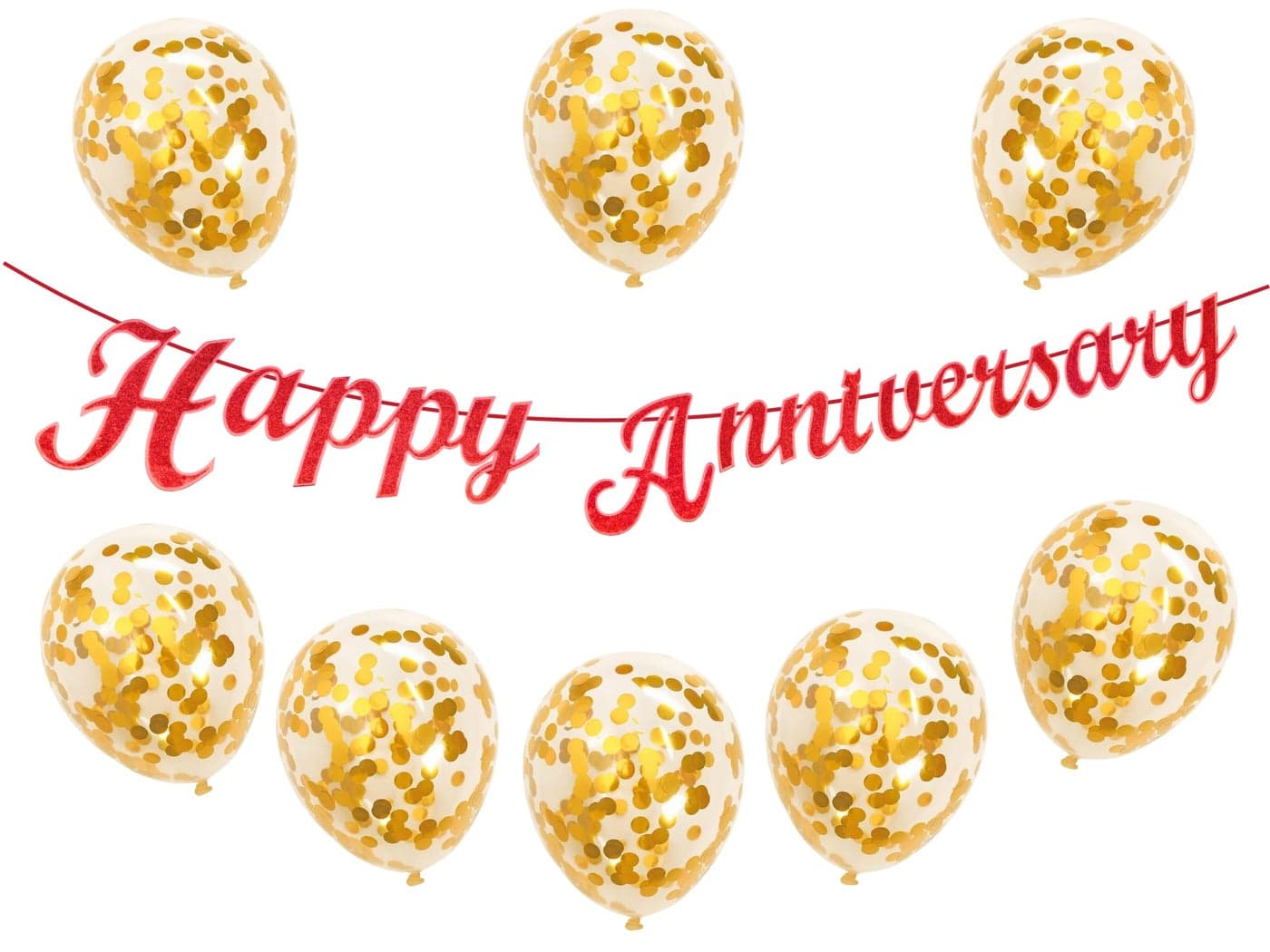 Flyloons Red Happy Anniversary Banner with Confetti Balloons Decoration Kit for Men Women 8 Pcs Gold Colour Confetti Meatallic Balloons Reusable Happy Wedding Anniversary Banner