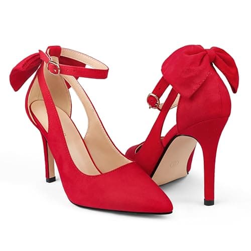COLETER Womens Bow Knot High Heels Pointed Toe Stiletto Ankle Strap D'Orsay Pumps Bow Evening Dress Shoes Suede Red 9US