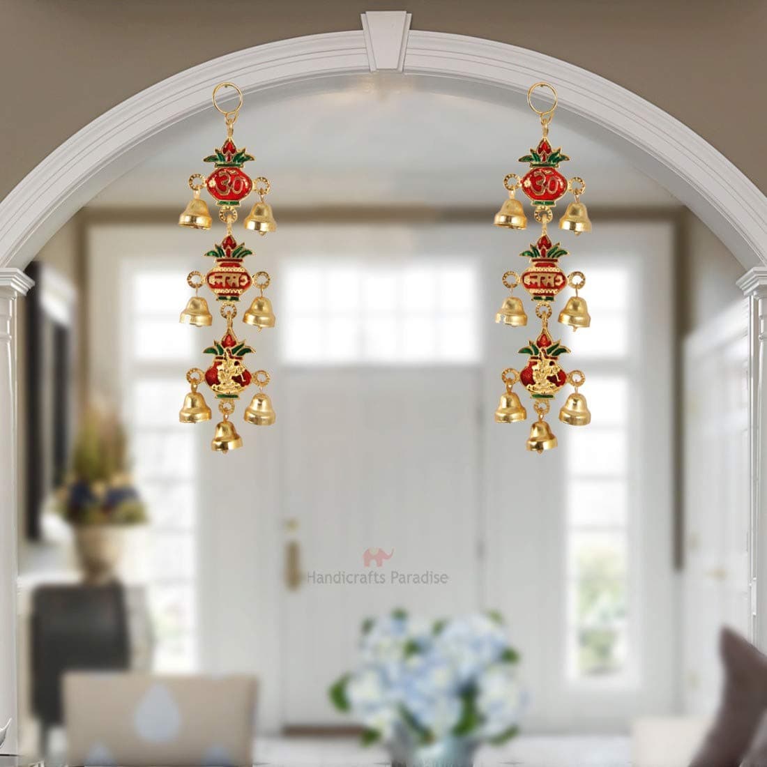Handicrafts Paradise Hanging Pair in Metal Kalash Shaped with Bells 14 Inch