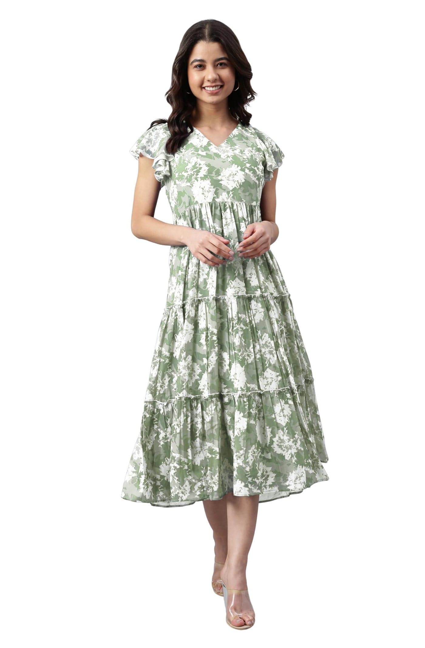 Janasya Women's Sage Green Georgette Abstract Printed Tiered Dress (JAC24DR01784-M)