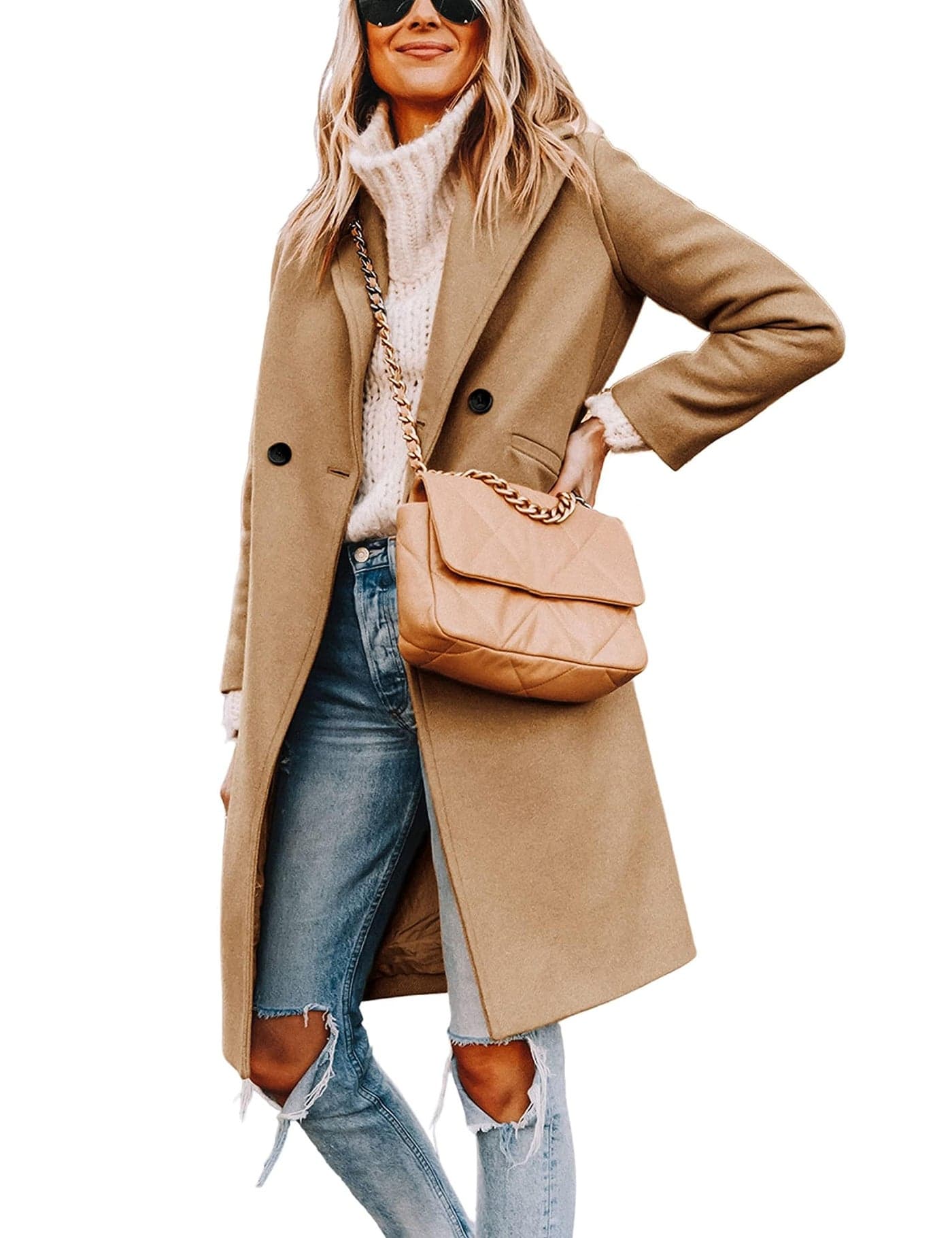 Hooever Womens Winter Wool Coat Casual Notch Lapel SingleBreasted PeacoatKhakiXL01