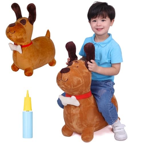 INPANY Bouncy Horse Brown Dog Hopper Toy Toddler Plush Bouncing Animal Inflatable Jumping Buddies Ride on Animal Bouncer Outdoor Indoor Birthday Gift for 2 3 4 Year Old Girl Boy