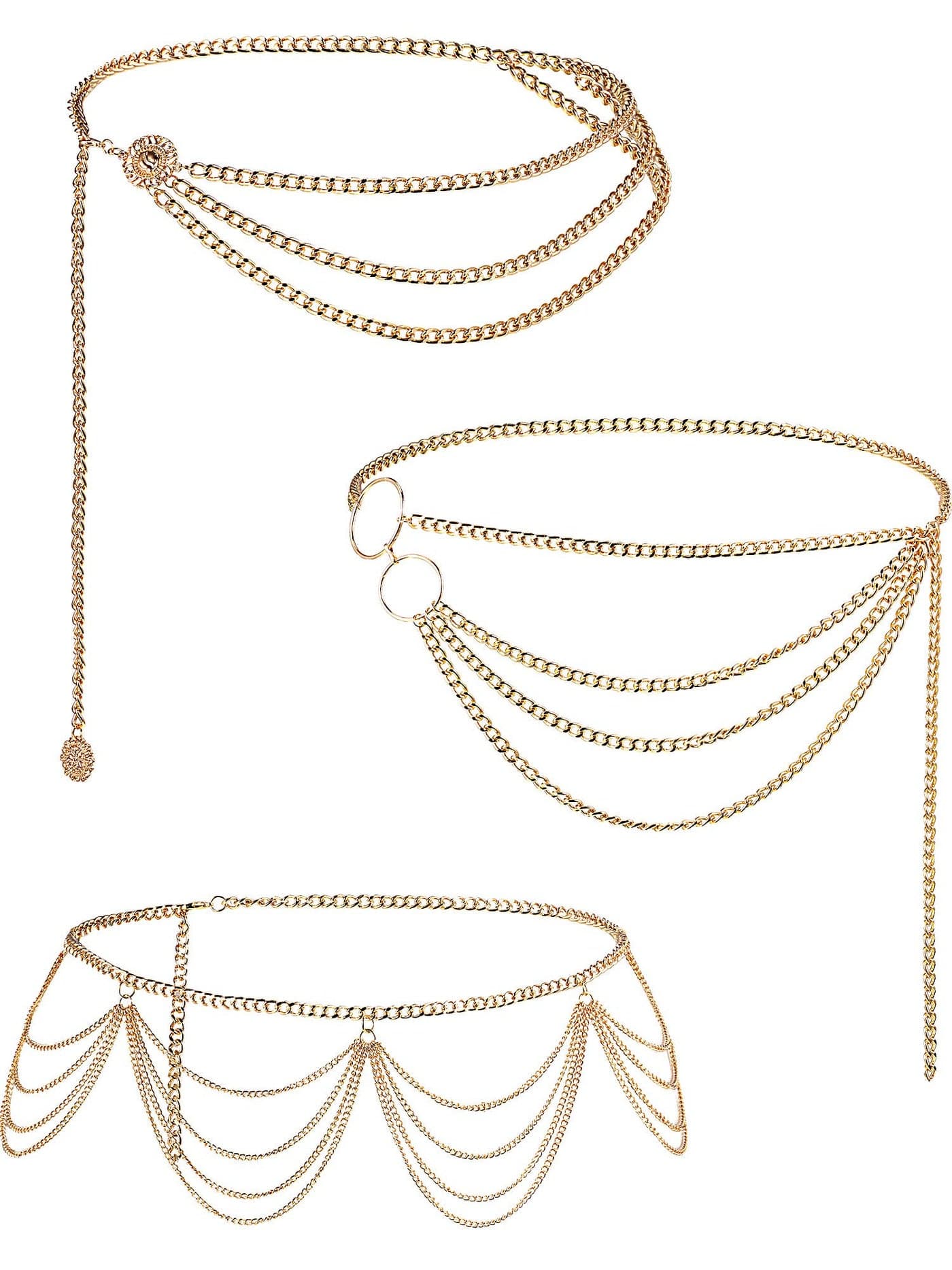 Hicarer 3 Pcs Silver Gold Waist Chain for Body Multi Layer Metal Chain Belts for Women Girls Summer Beach Jewelry Adjustable(Tassel Style)