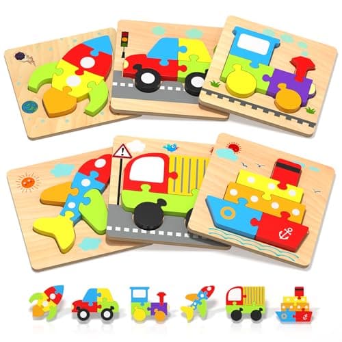 Wooden Puzzles Toddler Toys for 1 2 3 Years Old Boys Girls 6 Vehicle Shape Learning Educational Blocks Birthday Gifts Sensory Toy Montessori Toys Age 13 24