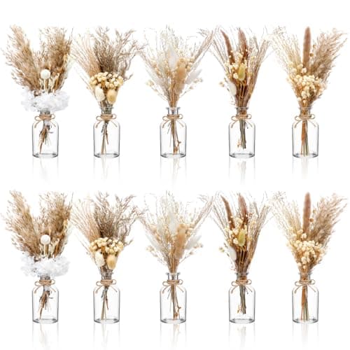 Nuanchu 10 Set Dried Pampas Grass Centerpiece for Wedding 10 Small Glass Vases 10 Dried Pampas Grass Bouquet with Rope for Baby Shower Rustic Bridal Party Farmhouse Decoration