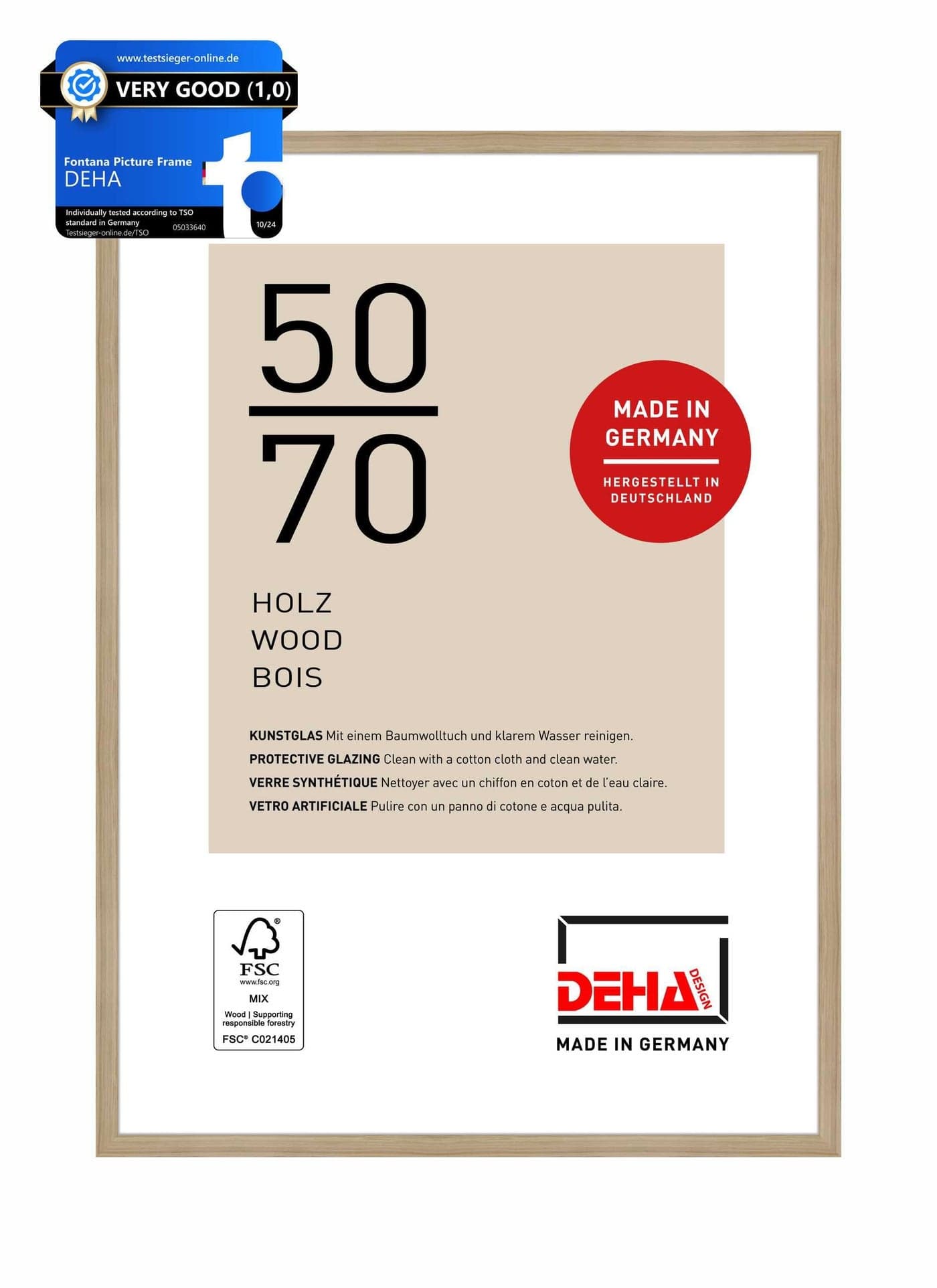 DEHA Design Fontana Wooden Picture Frame Oak 50x70cm with Push and Turn Clips
