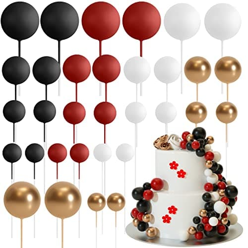 ASTARON 32 Pcs Ball Cake Topper Decorations Mini Balloons Cake Topper Sticks Foam Balls Cake Picks for Graduation Wedding Party Birthday Cake Decorating Red Black