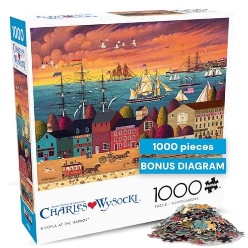 Buffalo Games Charles Wysocki Hoopla at The Harbor 1000 Piece Jigsaw Puzzle for Adults Classic Nautical Americana Scene Made in USA